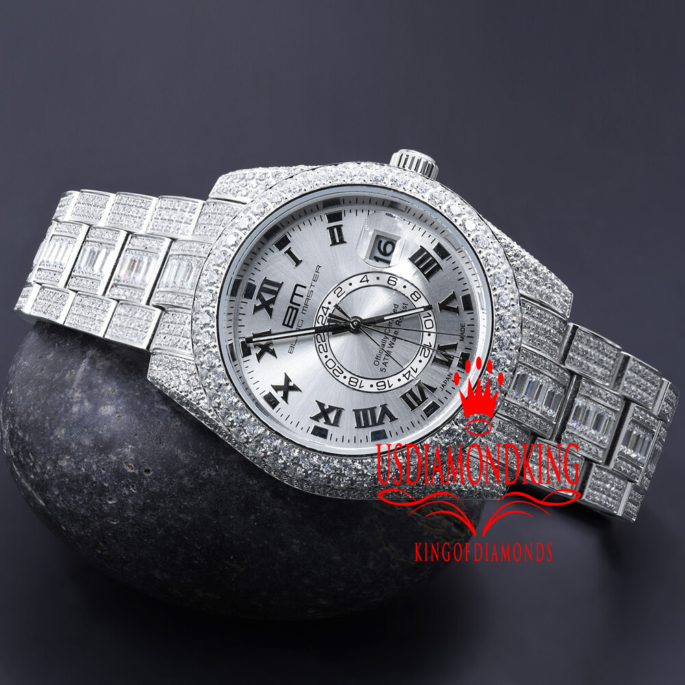 Pre-owned Bling Master Mens Stainless Steel 18k White Gold Finish Simulated Diamond Watch 42mm W/date