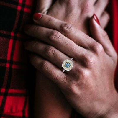 Pre-owned Pucci 1.75 Ct Round Halo Blue Moissanite Bridal Statement Ring 14k White Yellow Gold