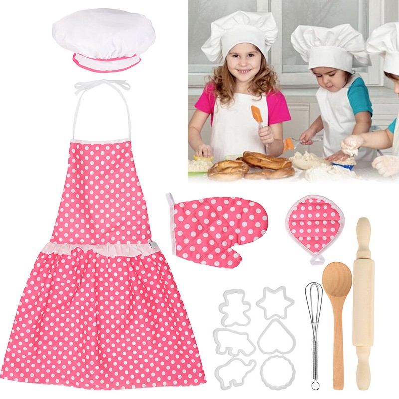 13tlgs Schürzen Set Rosa Kinderschürze Kochmütze für Kinder Weihnachten Geschenk