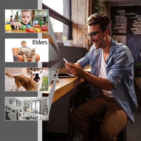 Man smiling at phone, collage of baby, elderly, dog, home.