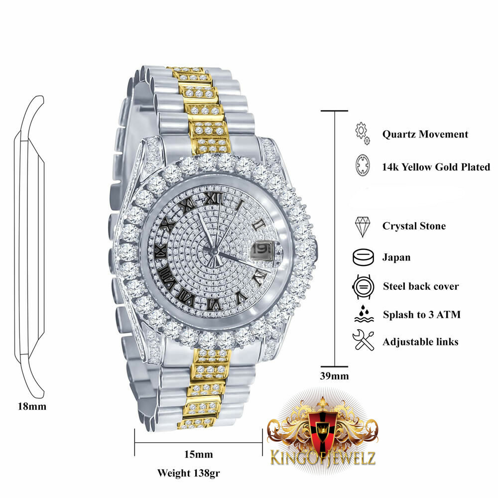 Pre-owned Blingmaster 2 Tone White Gold Tone Stainless Steel Presidential Watch 41mm Simulated Diamond