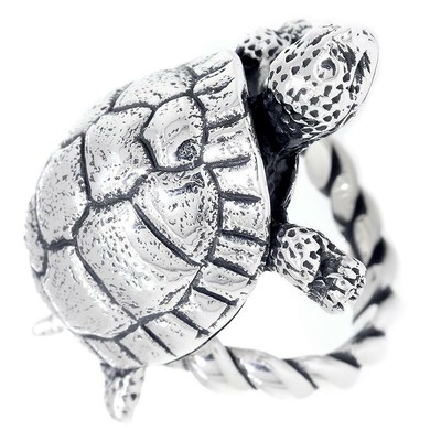 Pre-owned Silver 42mm Turtle Rope Ring With Black In Sterling