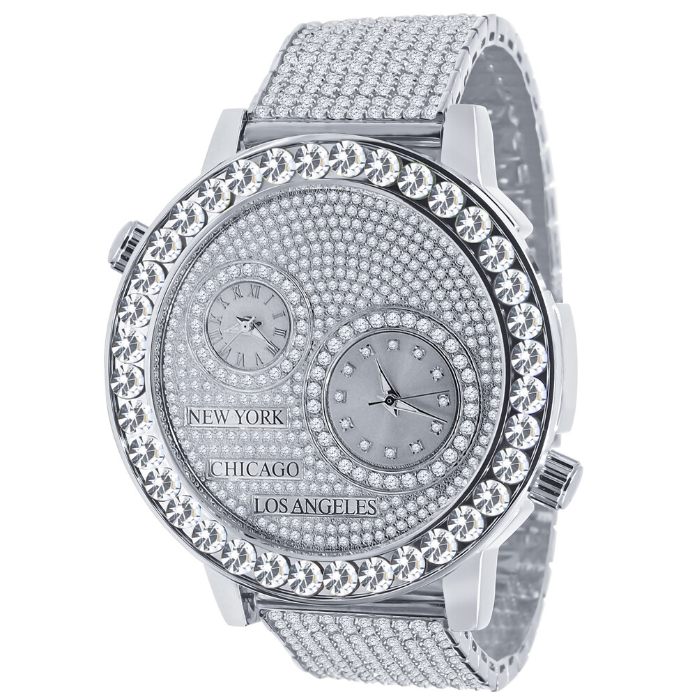 Pre-owned Ice Master White Gold Tone Solitaire Real Diamond Dial 2 Time Zone Chronograph Men's Watch