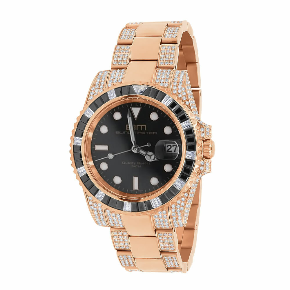 Pre-owned Bling Master 18k Rose Gold Finish Full Stainless Steel Simulated Diamond Mens President Watch