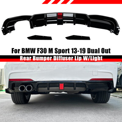 For BMW F30 M Sport 13-19 Dual Out Rear Bumper Diffuser Lip W/Light Gloss Black