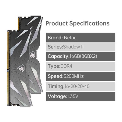 16GB Netac DDR4 16GB 2x8GB DDR4 3200MHz CL16 UDIMM Black 2PK DRAM PC4-25600
