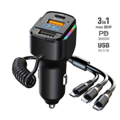 3-IN-1 PD Fast Charging Car Charger Retractable Cable Adapter 3 Port