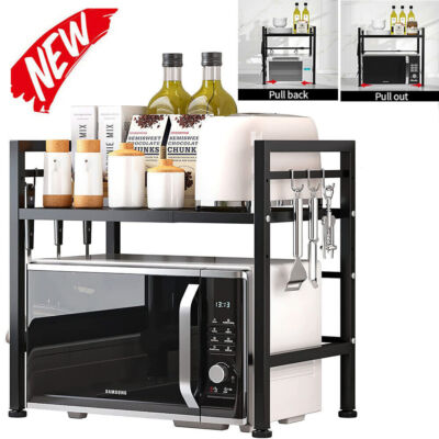 2 Tier Expandable Microwave oven Rack Stand Storage Holder Kitchen Corner Shelf