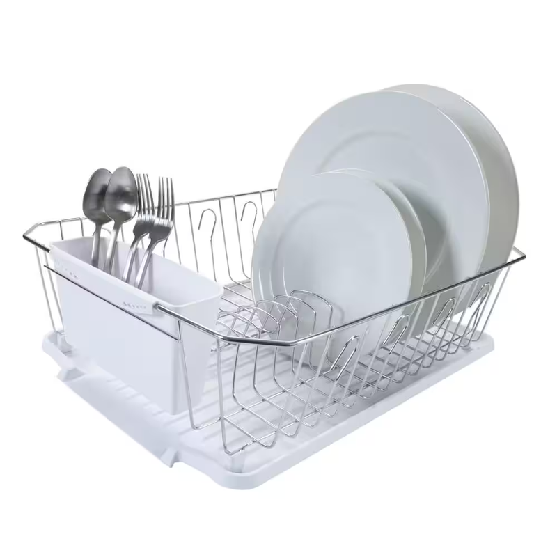 Dish Drying Rack Kitchen Countertop Chrome Iron 13 Plate Drainer Tray Holder