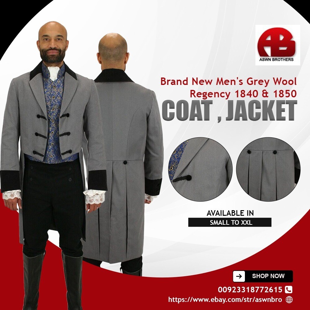 Pre-owned Regency Brand Men's Grey Wool  1840 & 1850 Tail Coat , Jacket Any Color In Gray