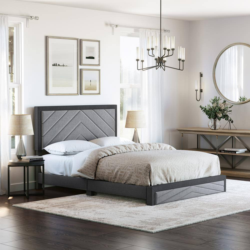 Barcelona Black and Grey Diagonal Linen Bed Frame Queen Platform Bed Frame