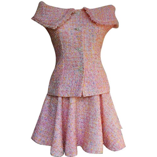 Pre-owned Handmade Custom Made To Order Off Shoulder Jacket Skate Skirt Tweeds Suit Plus1x-10xy1073 In Pink
