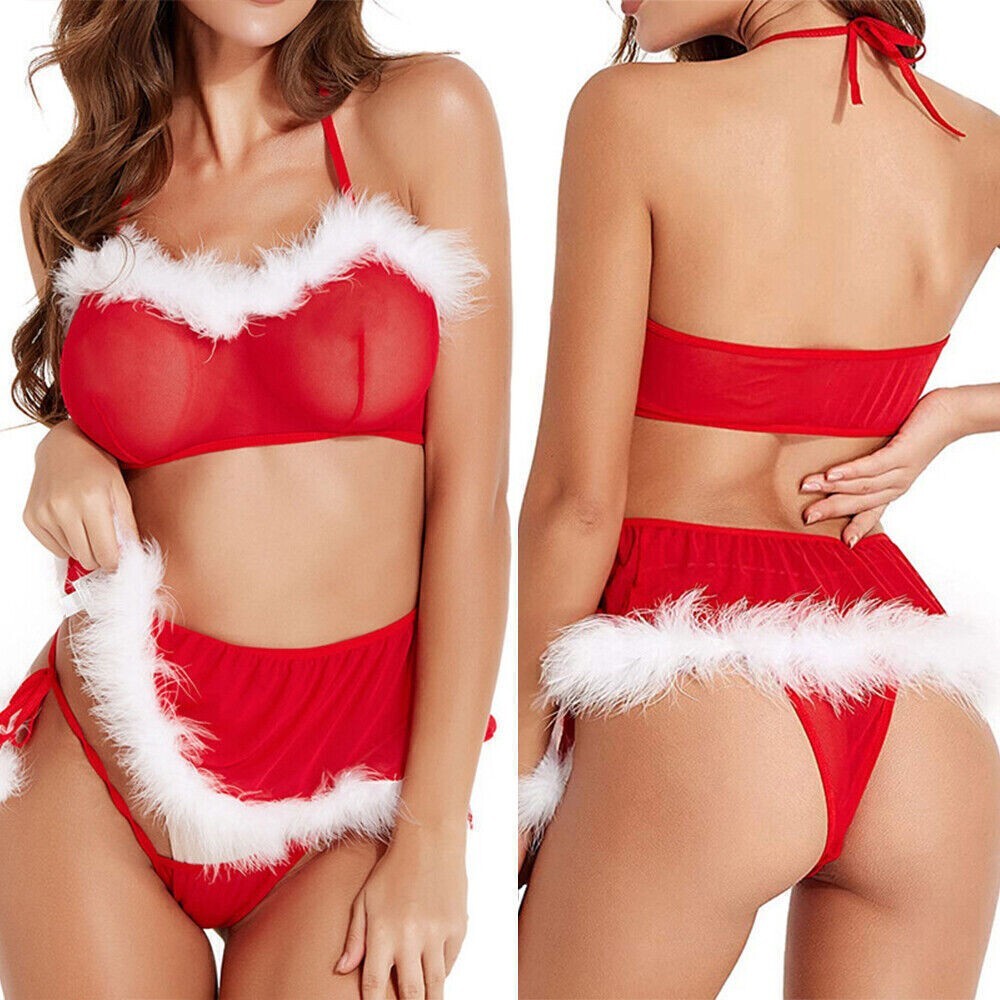 Christmas Red Sexy Lingerie Nightwear Outfits Bra Thong Mini Skirt Co-ord - Picture 5 of 12