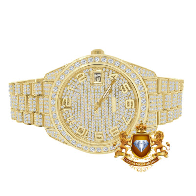 Pre-owned Usdiamondking Full Solid Steel 18k Yellow Gold Tone Simulated Diamond Luxury Watch 42mm W/date
