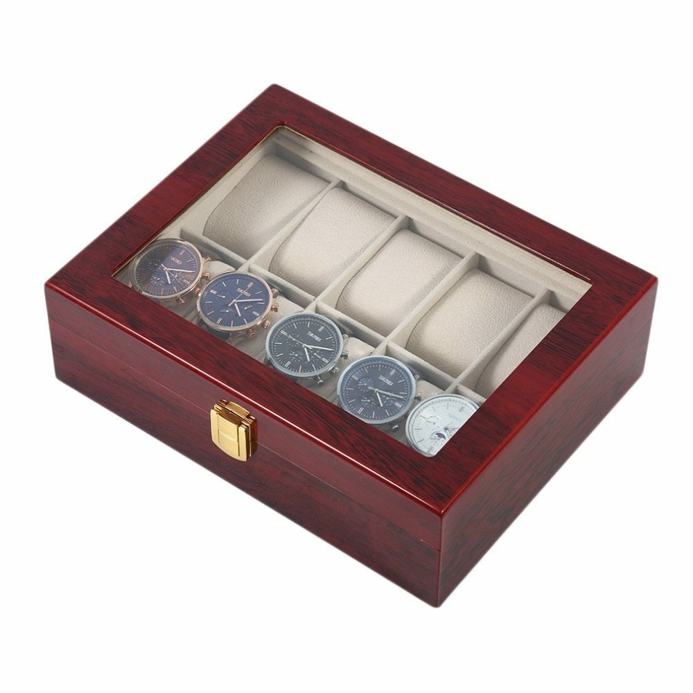 Luxury 10 Grids Wooden Watch Box Durable Home Jewelry Display Collection Case