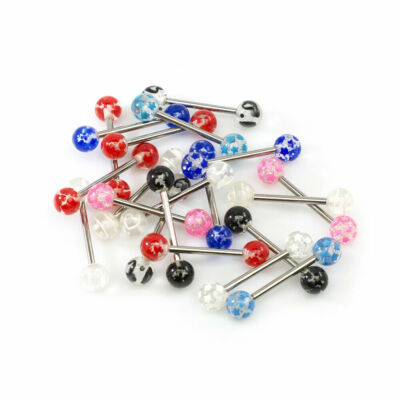 Straight Barbell Pack 10 Pairs Different Designs with Acrylic Ball 14g S.Steel