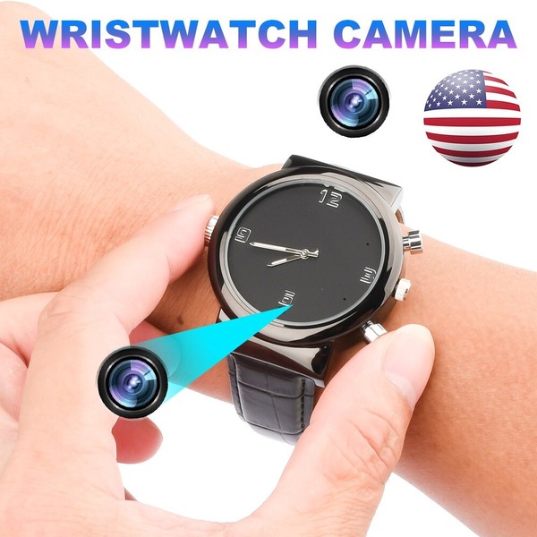 Wristwatch with hidden camera feature on hand.