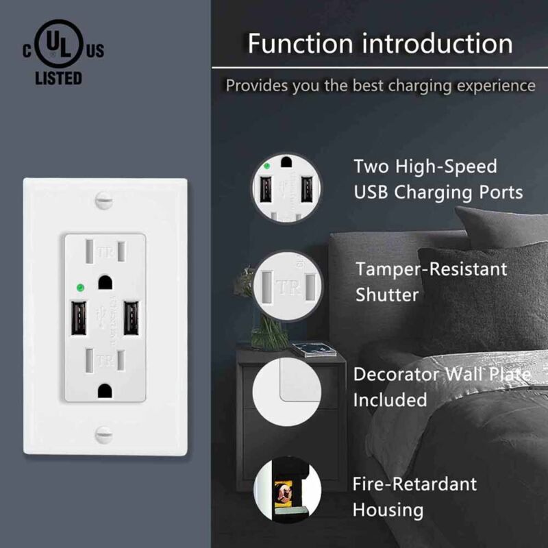 4.2a High Speed Usb Wall Charger Outlet 15a Ac Socket Receptacle For Iphone Ipad