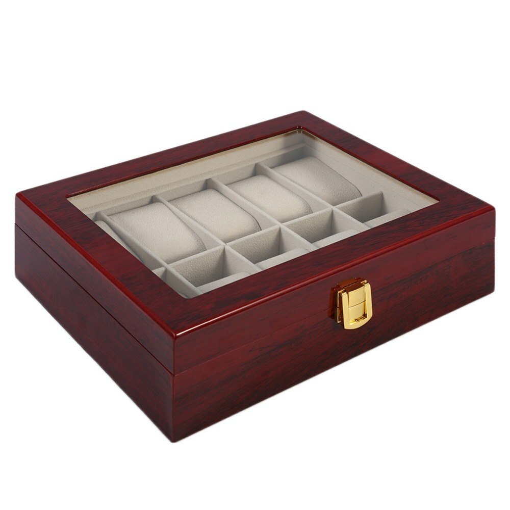 Luxury 10 Grids Wooden Watch Box Durable Home Jewelry Display Collection Case