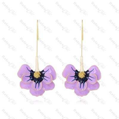 Purple Pansy Iris Gold Lily Flower Drop Earrings Long Earhook Leaf Petal Floral