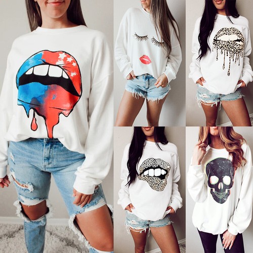 Damen Casual Pullover Hoodie Sweatshirt Pulli Leopard Lippe Grafik Langarmshirt