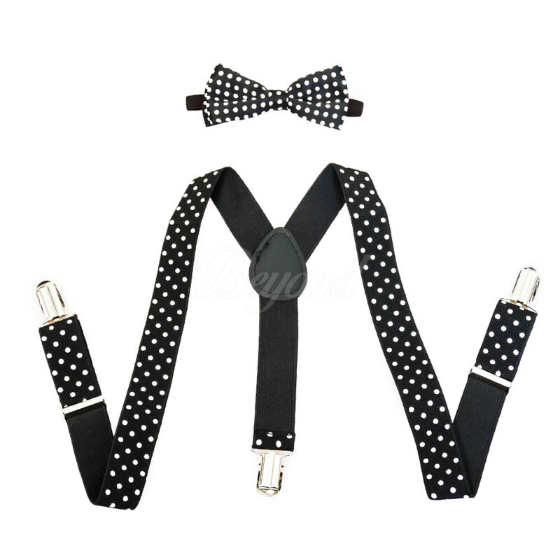 Black Polka Dot Suspender And Bow Tie Baby Toddler Kids Boys Girls Combo Set 