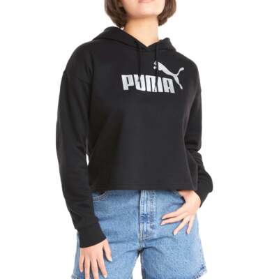 Puma Essentials+ Укороченный металлический пуловер с капюшоном с логотипом Женская черная повседневная верхняя одежда