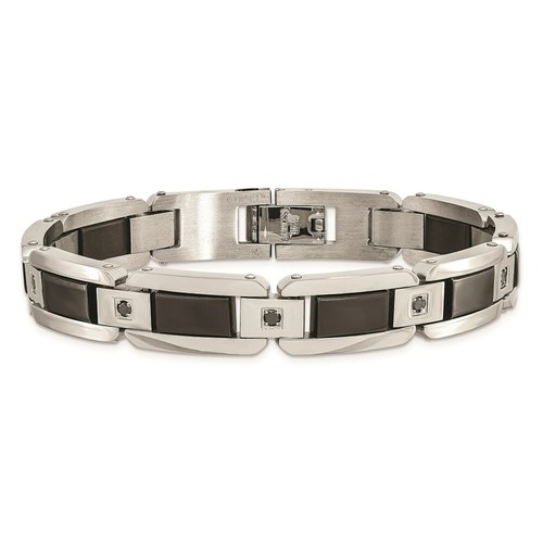 Pre-owned Chisel Stainless Steel Black Enamel & Black Diamonds 8.75in Bracelet