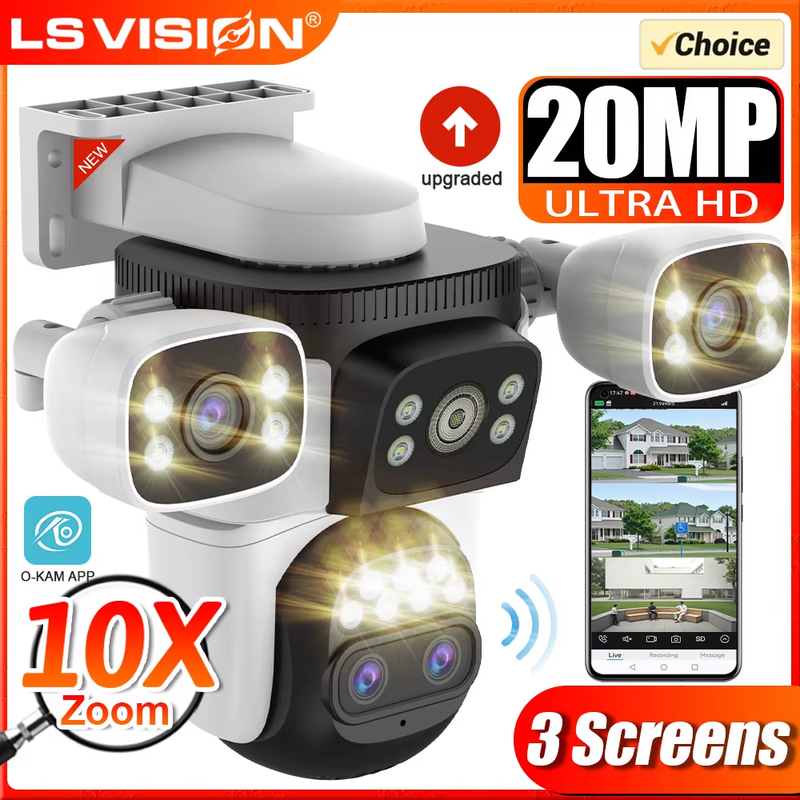 20MP WiFi Security Cameras 10X Zoom Three Screen Four Lens CCTV PTZ Auto Trackin