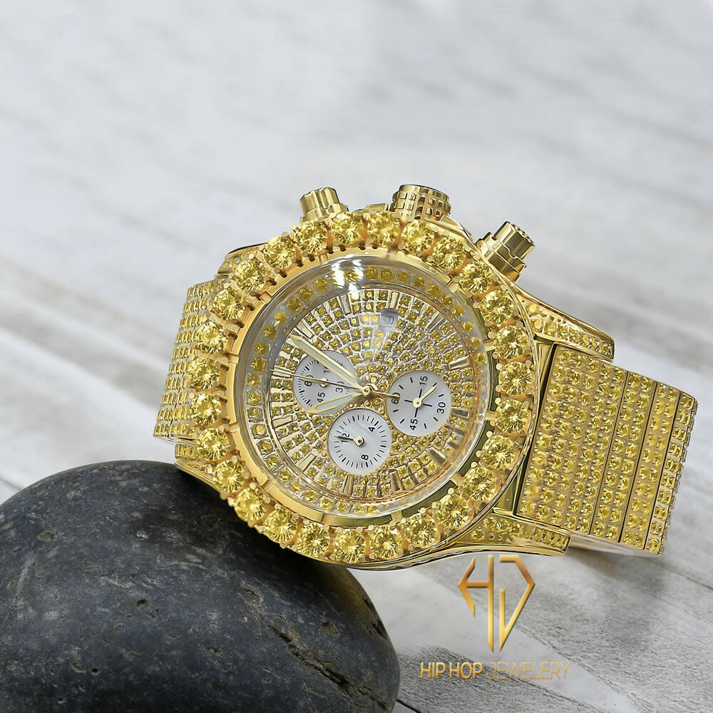 Pre-owned Blingmaster Men's Solid Stainless Steel Canary Gold Tone Finish Simulated Diamond Watch 48mm