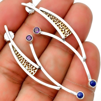 Two Tone Unique Design Amethyst & Lapis Lazuli 925 Silver Earrings E-1141