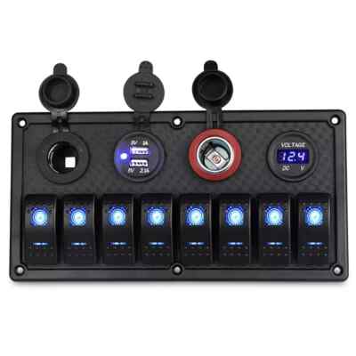 12V Blue 8 Gang Toggle Rocker Switch Panel RV Truck Marine Boat Circuit Breaker