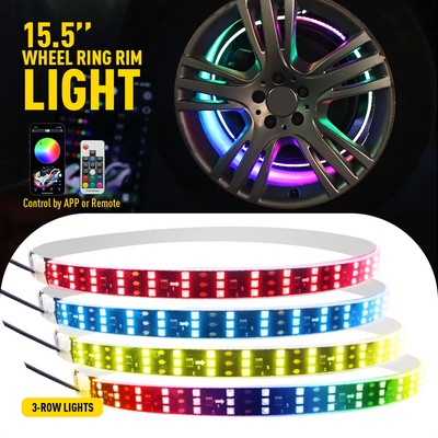 15.5'' Row Triple LED Chasing RGB Flow Wheel Ring Rim Lights Set For Truck Car