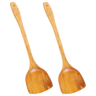 2 Pcs Nonstick Cookware Wide Spatula Wooden Shovel Wok Kitchen Utensils