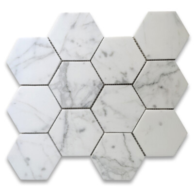 L34XP Statuary White Statuario Marble 4 inch Hexagon Mosaic Tile Polished