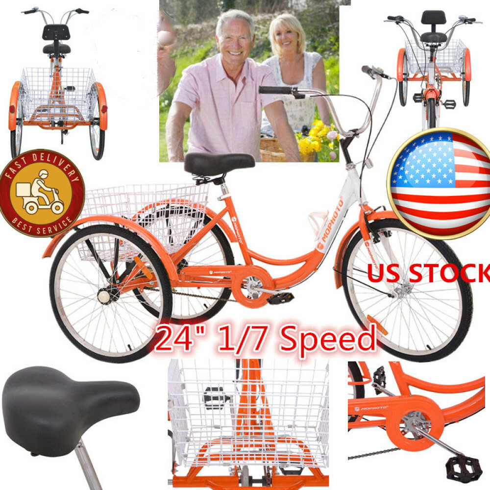 24" Adult Orange Tricycle 3-Wheel 1/7 Speed Bicycle Bike Trike w/ Basket Outdoor