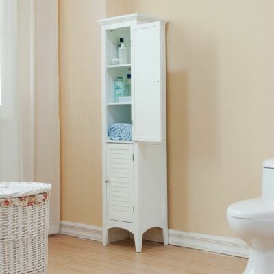 White Finish Wooden Linen Tower Storage Cabinet Tall Organizer Bathroom Towels