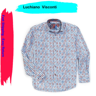 Luchiano Visconti Dot Check Long Sleeve Woven Button Down Shirt Size L.