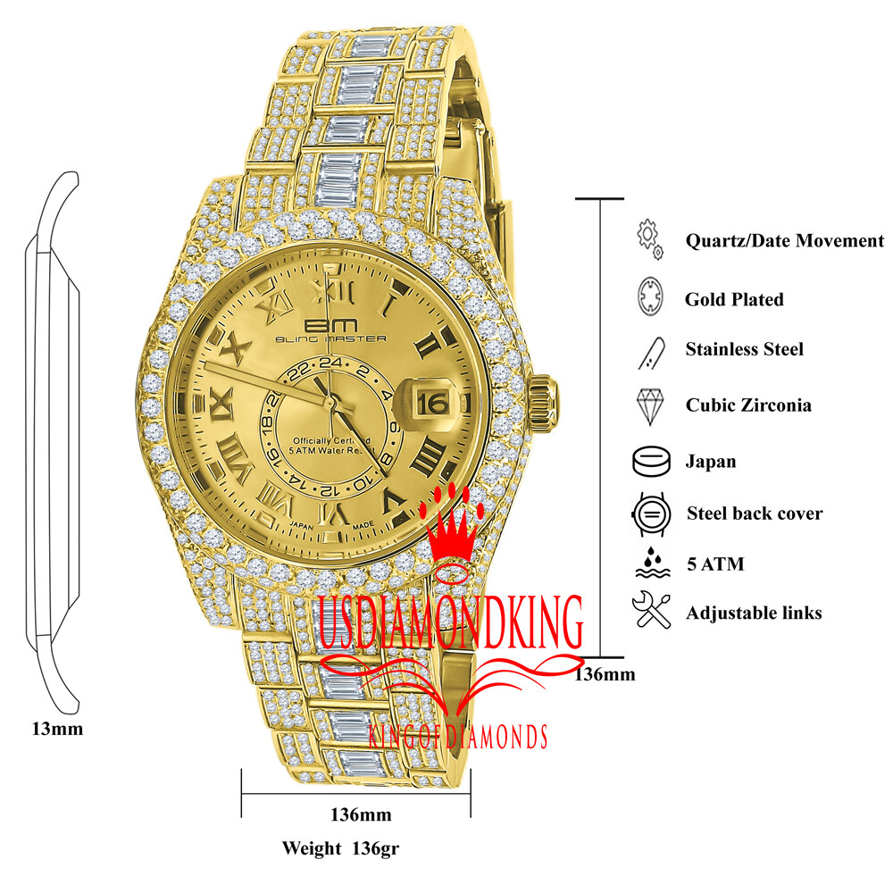 Pre-owned Bling Master Men's Stainless Steel 18k Yellow Gold Finish Simulated Diamond Watch 42mm W/date