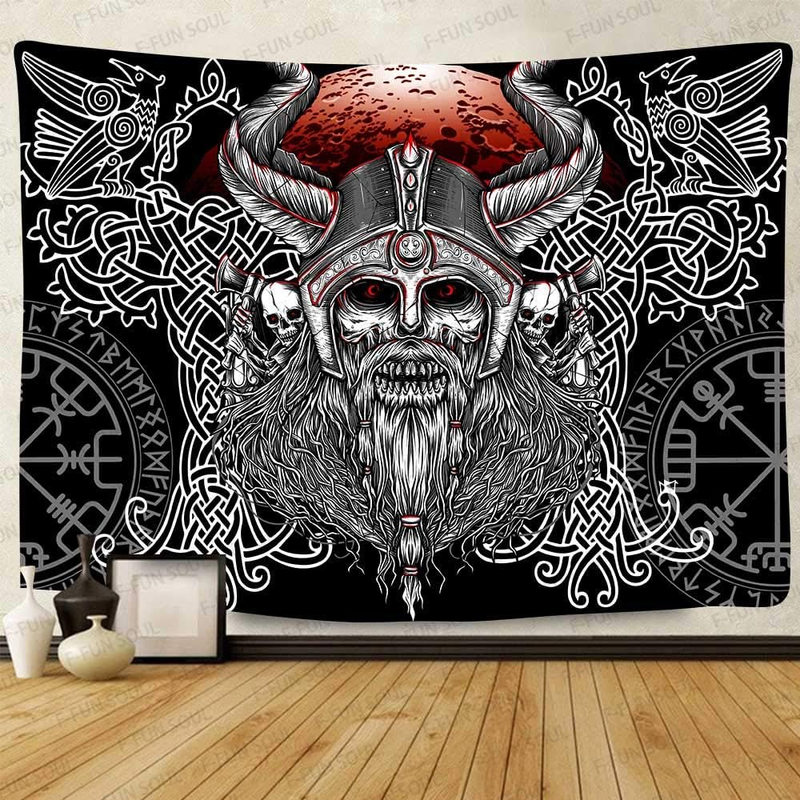 Viking Skull Helmet Tapestry 80X60Inch Viking Tapestry the Circle of Norse Runes