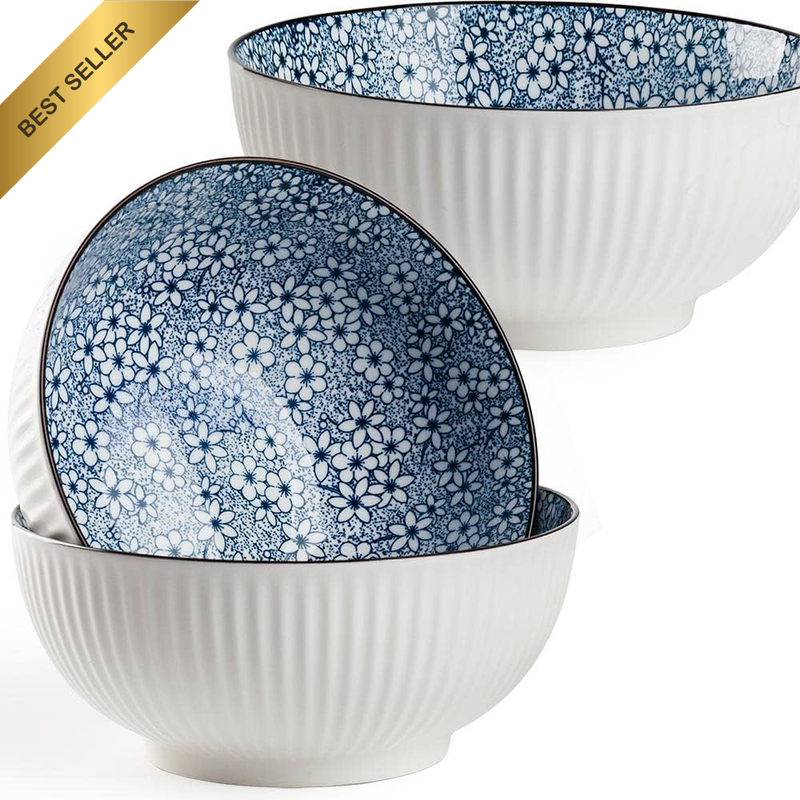 3Pcs 60Oz Large Japanese Ramen Bowls 8In Porcelain Floral Pattern Soup Bowls