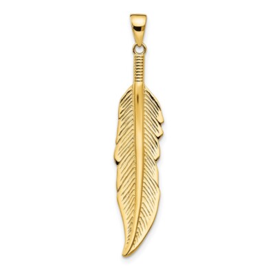 Pre-owned Diamond2deal 14k Yellow Gold Feather Pendant For Women 1.77g, L-42.15mm, W-8.4mm
