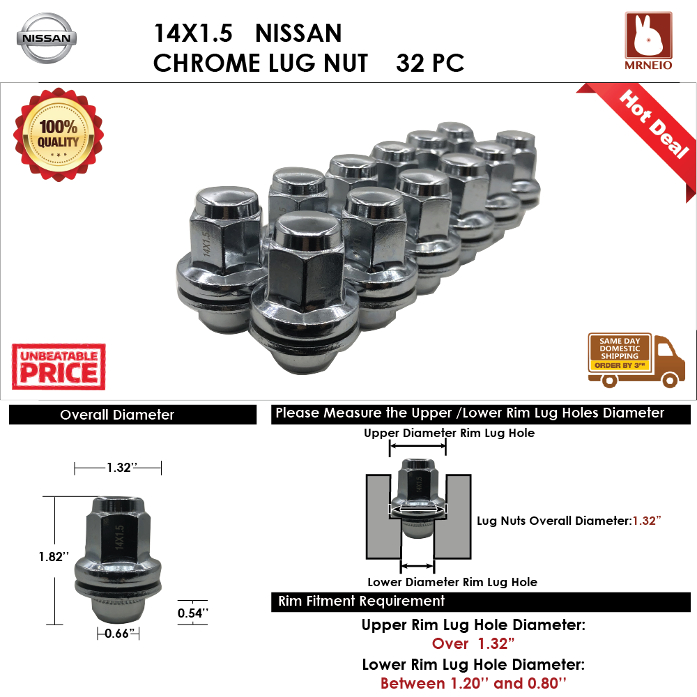 32pc Nissan Nv1500hd/nv2500hd/nv3500 14x1.5 Chrome Mag Lug Nut Fit