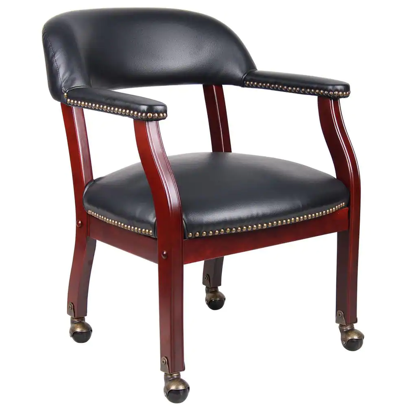 Rolling Desk Chair Retro Black Vinyl Mahogany Wood Button Tufted Nail Head Trim