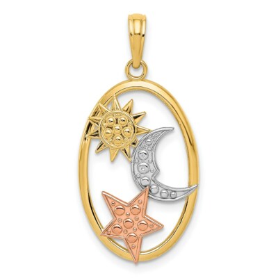 Pre-owned Superdealsforeverything Real 14kt Two-tone W/white Rhodium Sun; Moon And Star Oval Pendant