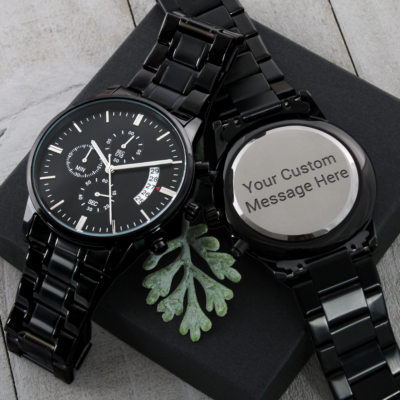 Men Black Metal Watch Custom Engraved Watches Best Gift for Boyfriend Husband