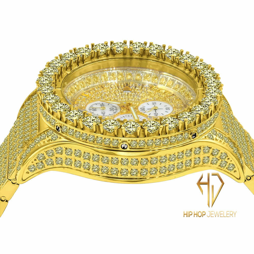 Pre-owned Blingmaster Men's Solid Stainless Steel Canary Gold Tone Finish Simulated Diamond Watch 48mm
