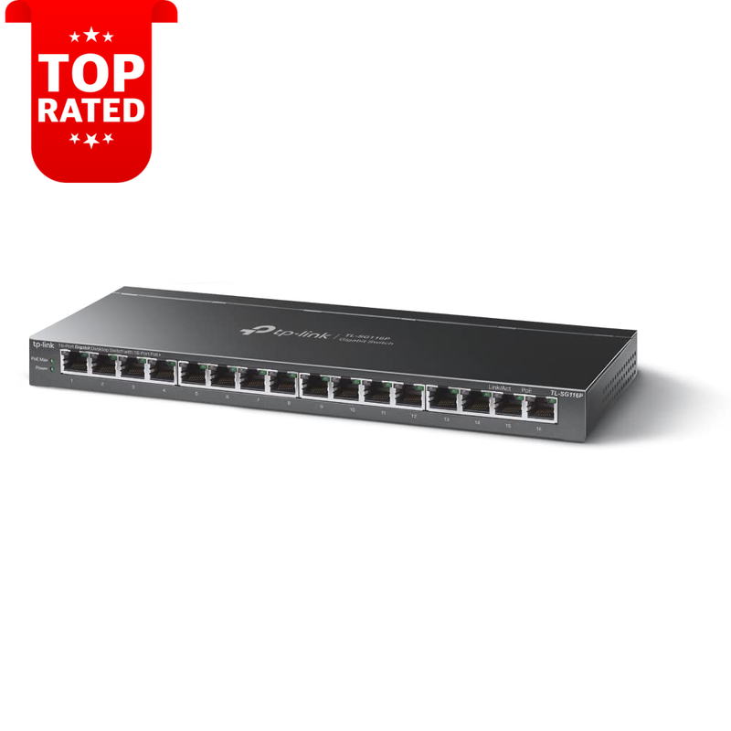 TP-Link TL-SG116P 16-Port Gigabit PoE Switch 120W Fanless Network Hub