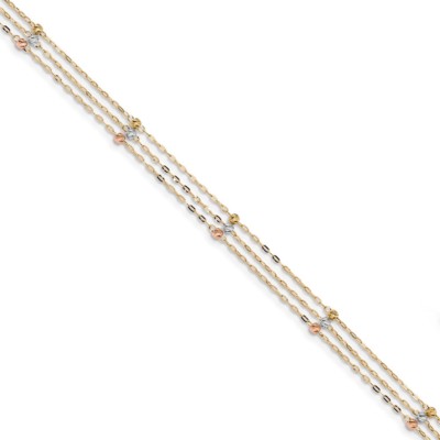 Pre-owned Superdealsforeverything Real 14kt Tri-color 3-strand Diamond-cut Beaded 9in Plus 1in Extender Anklet