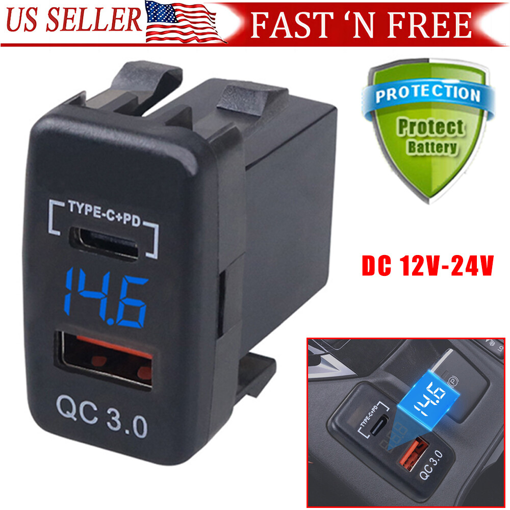 Blue LDE Type-C QC3.0 Port Voltmeter USB Car Charger Socket 